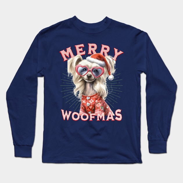 Funny Chinese Crested Dog Santa  Christmas Design Long Sleeve T-Shirt by Tintedturtles